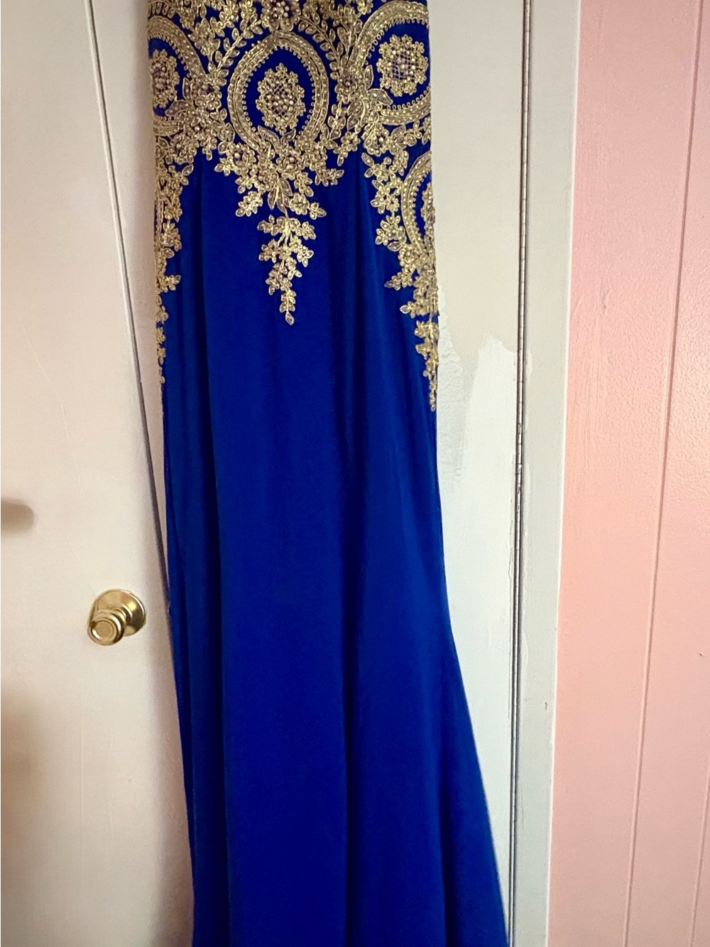 Camille La Vie Royal Blue Gown with Gold Embroidered Bodice